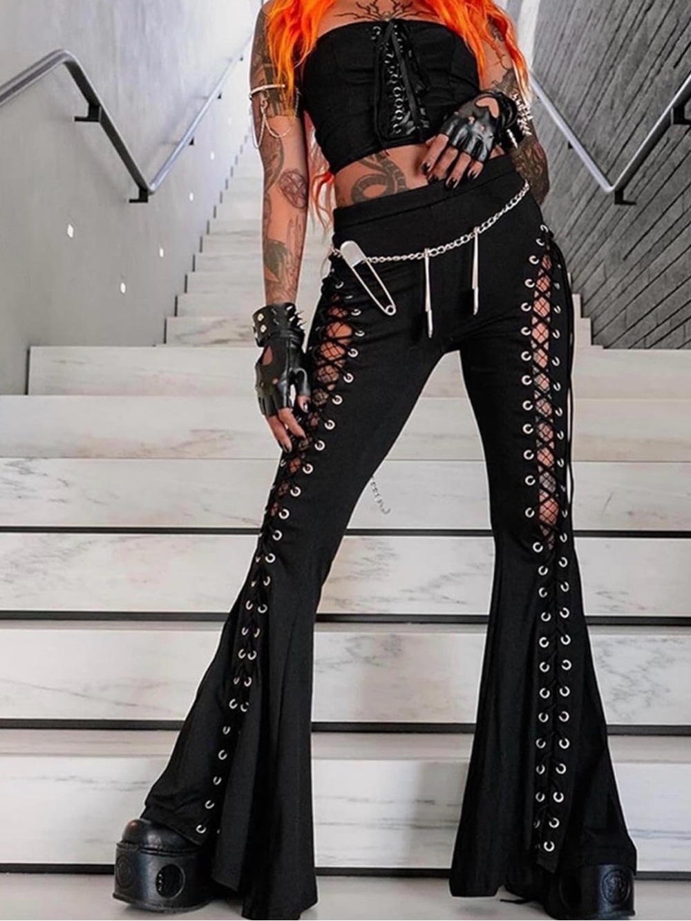 Black Lace-Up Flared Gothic Pants